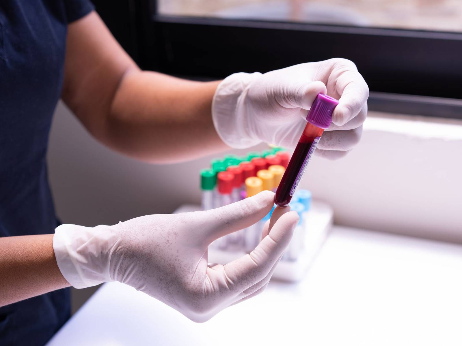 Gloved hands holding labeled blood collection tubes